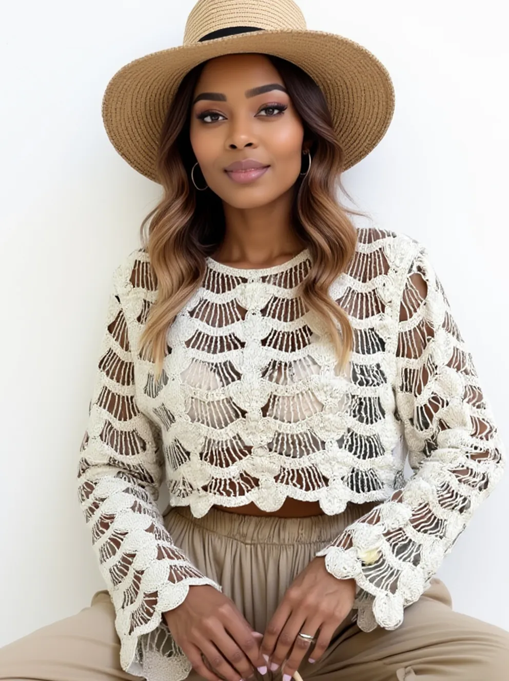 Crochet Long Sleeve Knit Cover Up, image 2