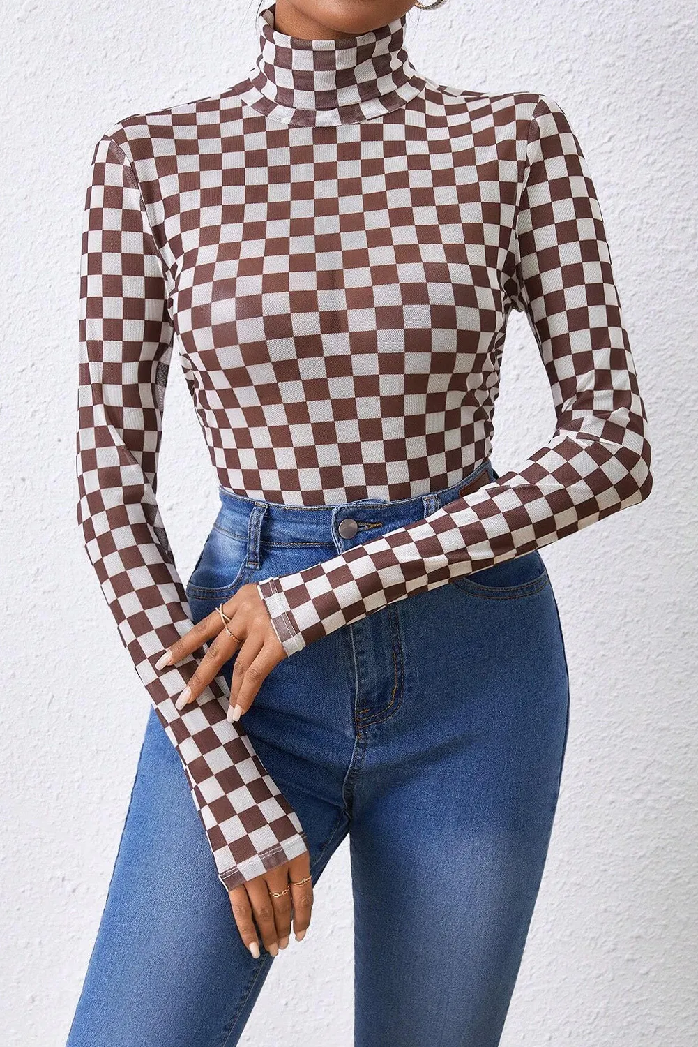 Checkered Turtleneck Long Sleeve Bodysuit, image 6