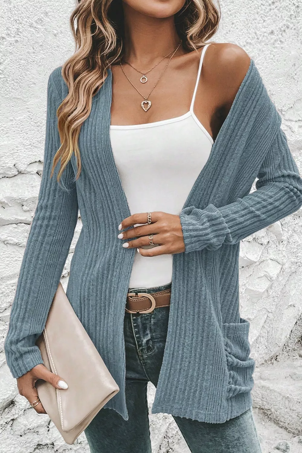 Ribbed Knit Open Front Cardigan with Pockets, image 6