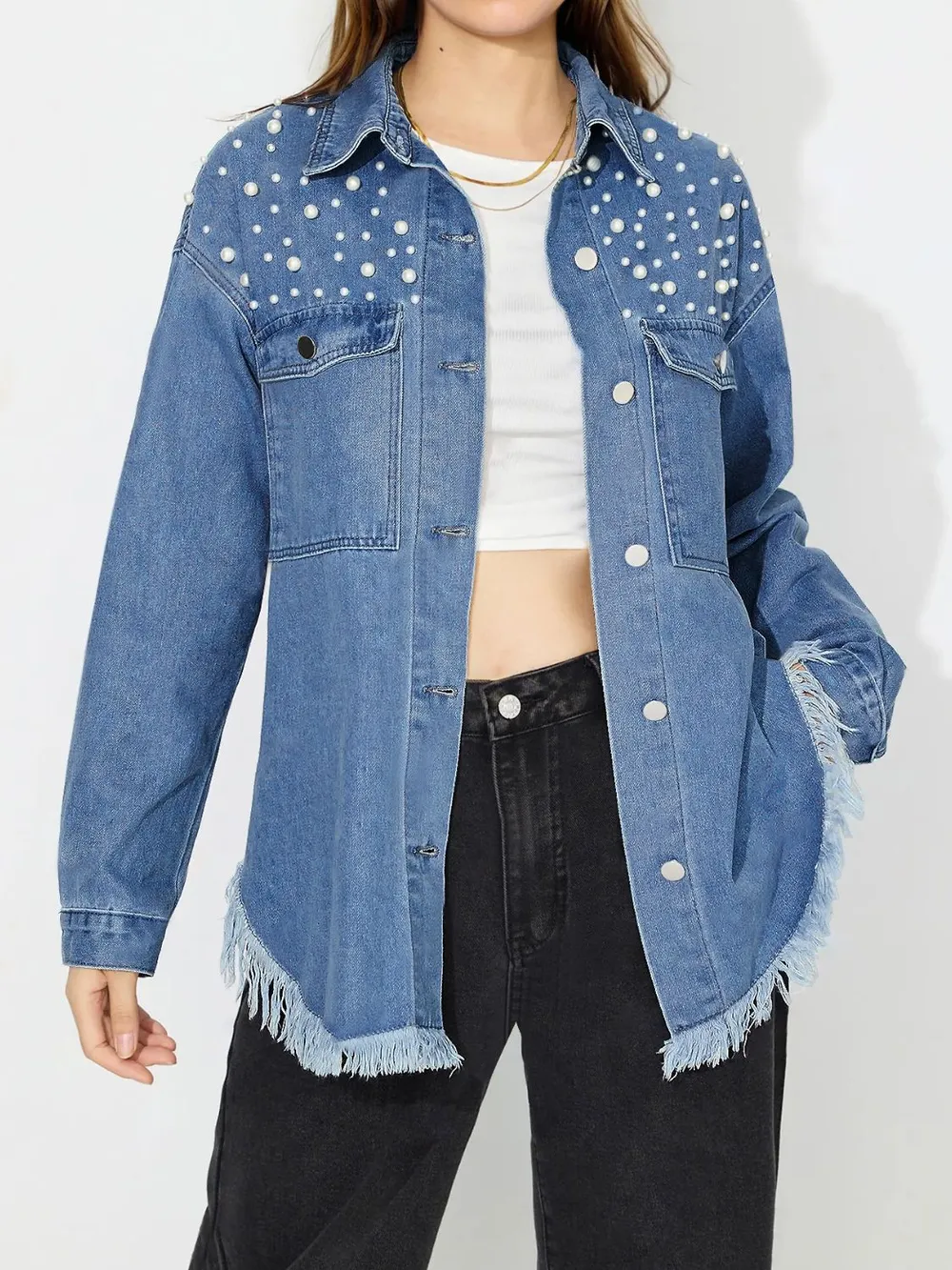 Raw Hem Pearl Trim Collared Neck Denim Top, image 2