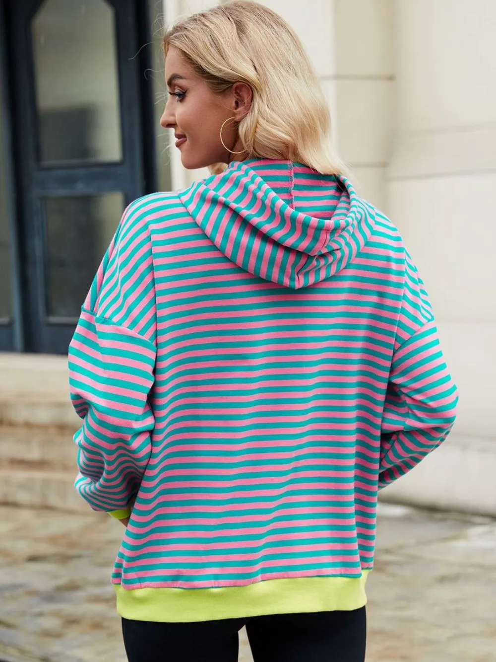 Drawstring Contrast Striped Long Sleeve Hoodie, image 10