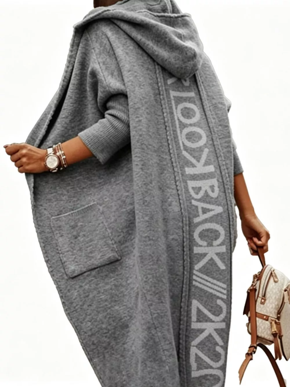Full Size Letter Back Hooded Cardigan Plus Size, image 8