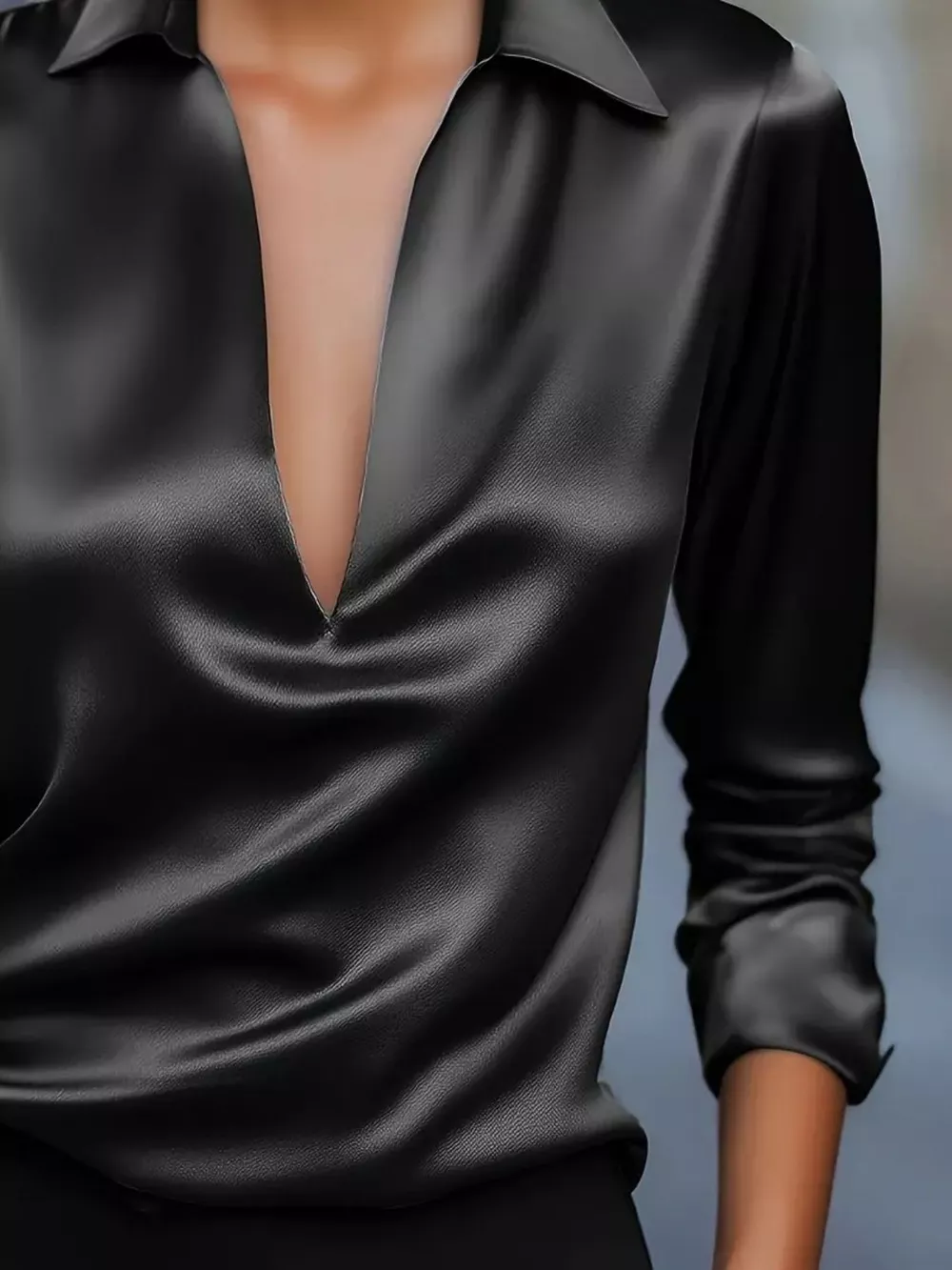 Satin Johnny Collar Long Sleeve Blouse, image 5
