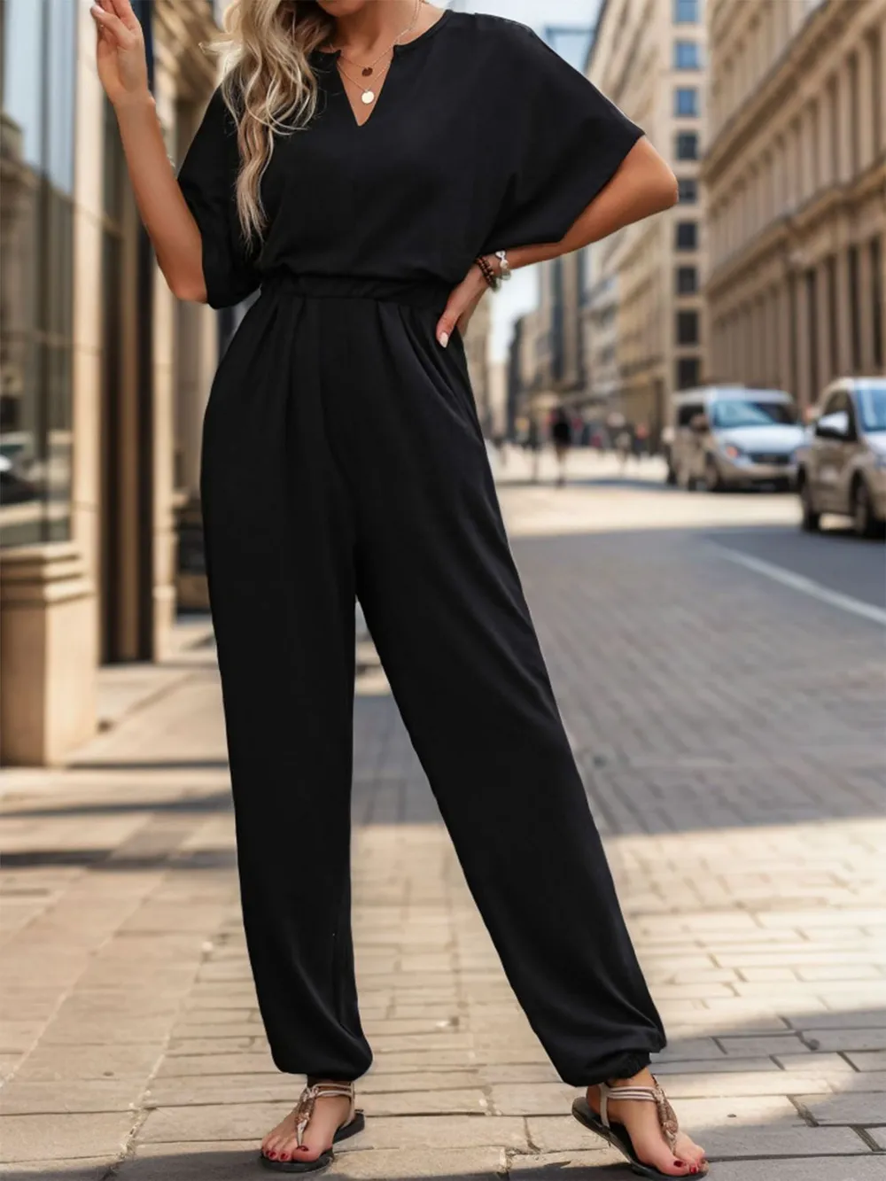 Notched Half Sleeve Straight Jumpsuit, image 5