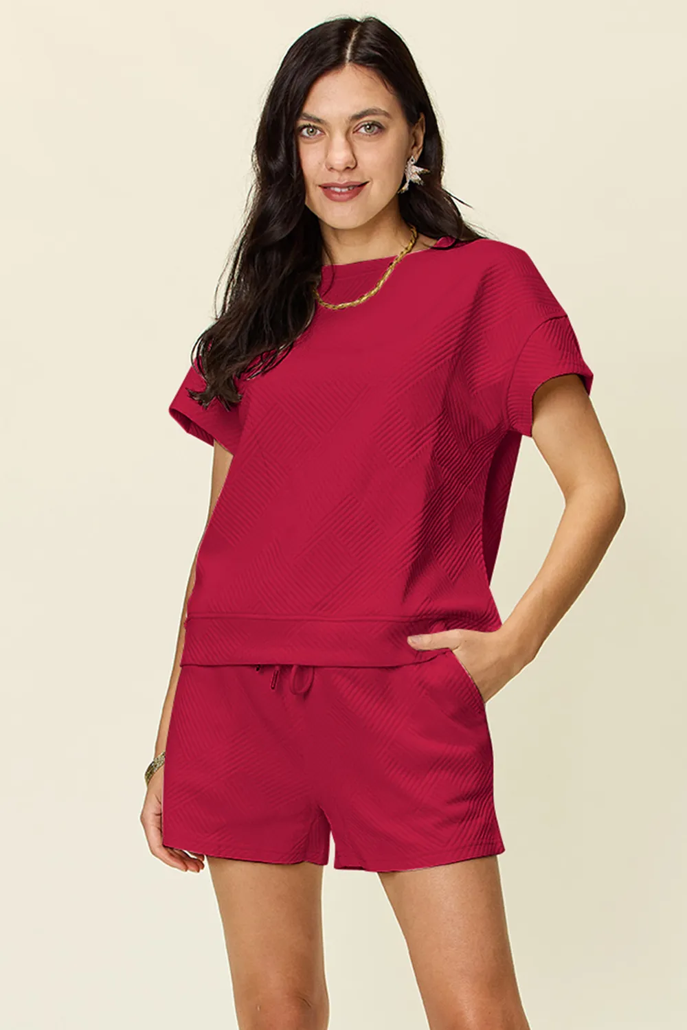 Full Size Texture Short Sleeve T-Shirt and Drawstring Shorts Set, image 24