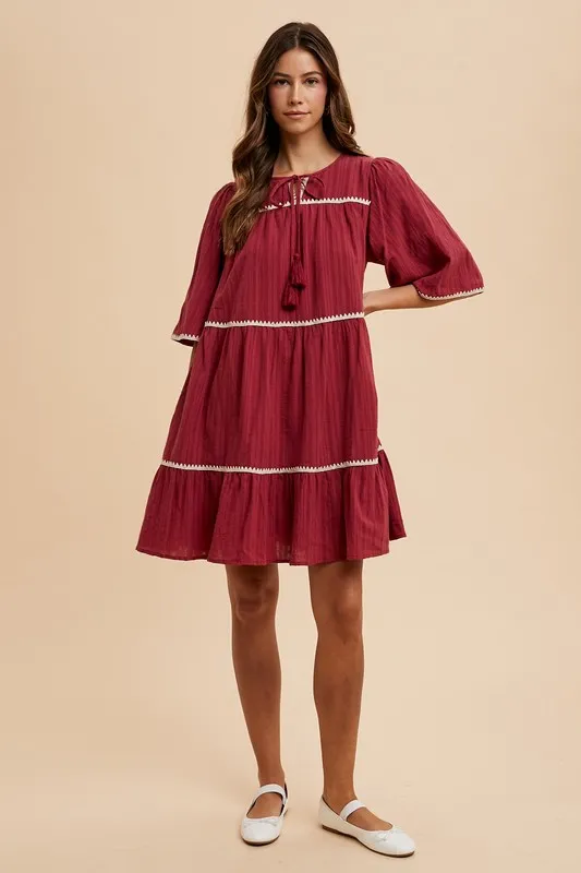 Tassel Contrast Trim Tie Neck Half Sleeve Tiered Dress, image 4