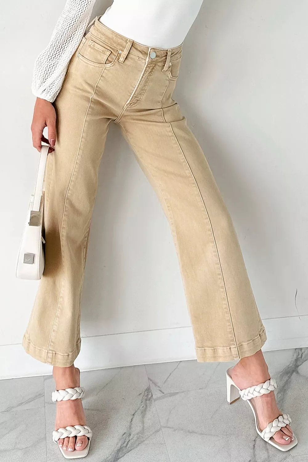 Solid Color Seamed Center Wide Leg Cropped Jeans, image 2