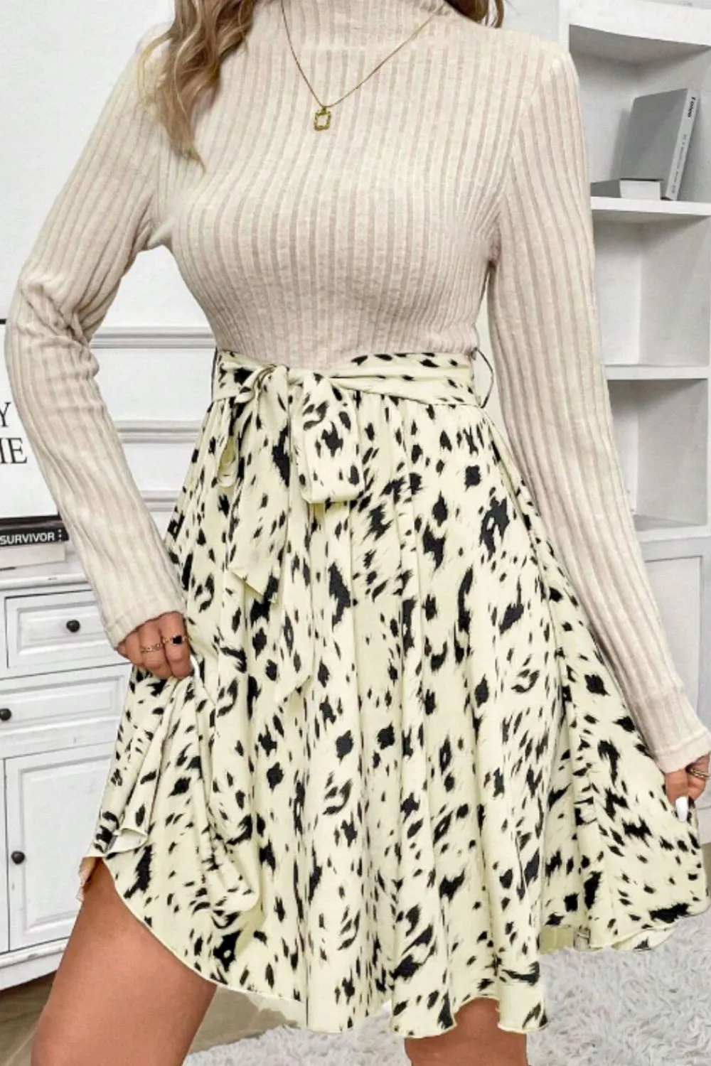 Printed Tie Waist Mock Neck Long Sleeve Dress, image 13