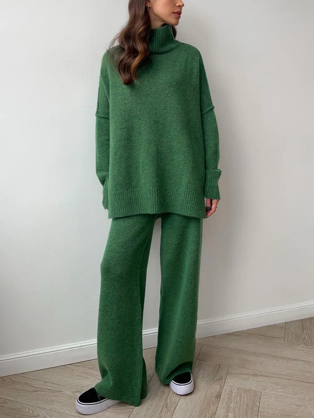 Slit Turtleneck Long Sleeve Top and Pants Sweater Set, image 15