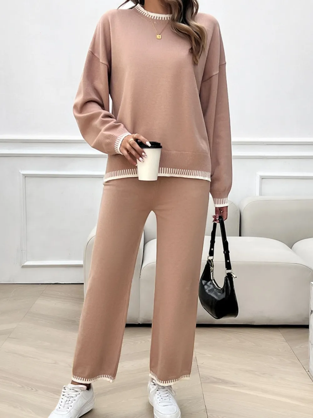 Round Neck Dropped Shoulder Top and Pants Sweater Set, image 6