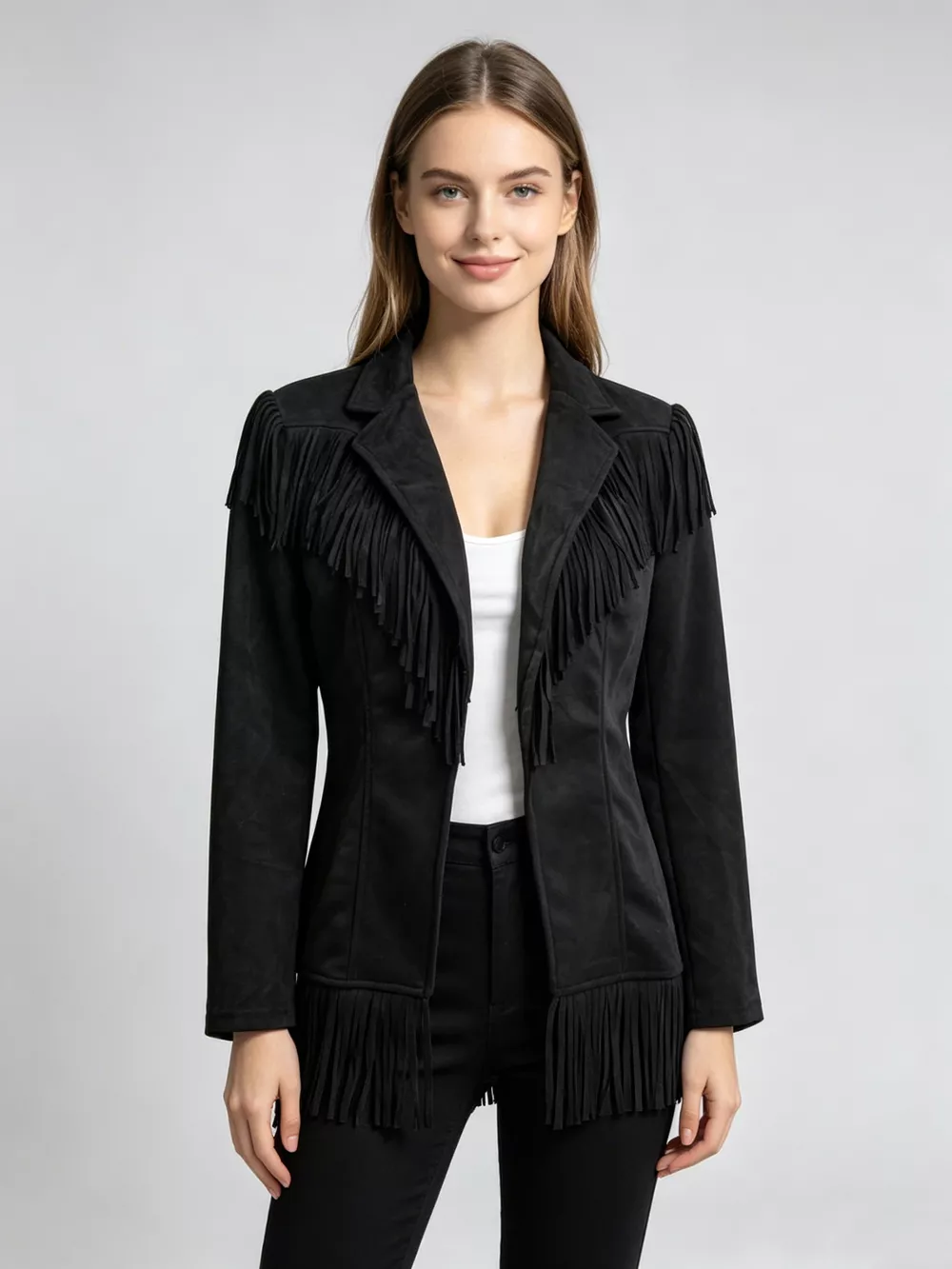 Western-Inspired Fringed Open Front Jacket, image 16