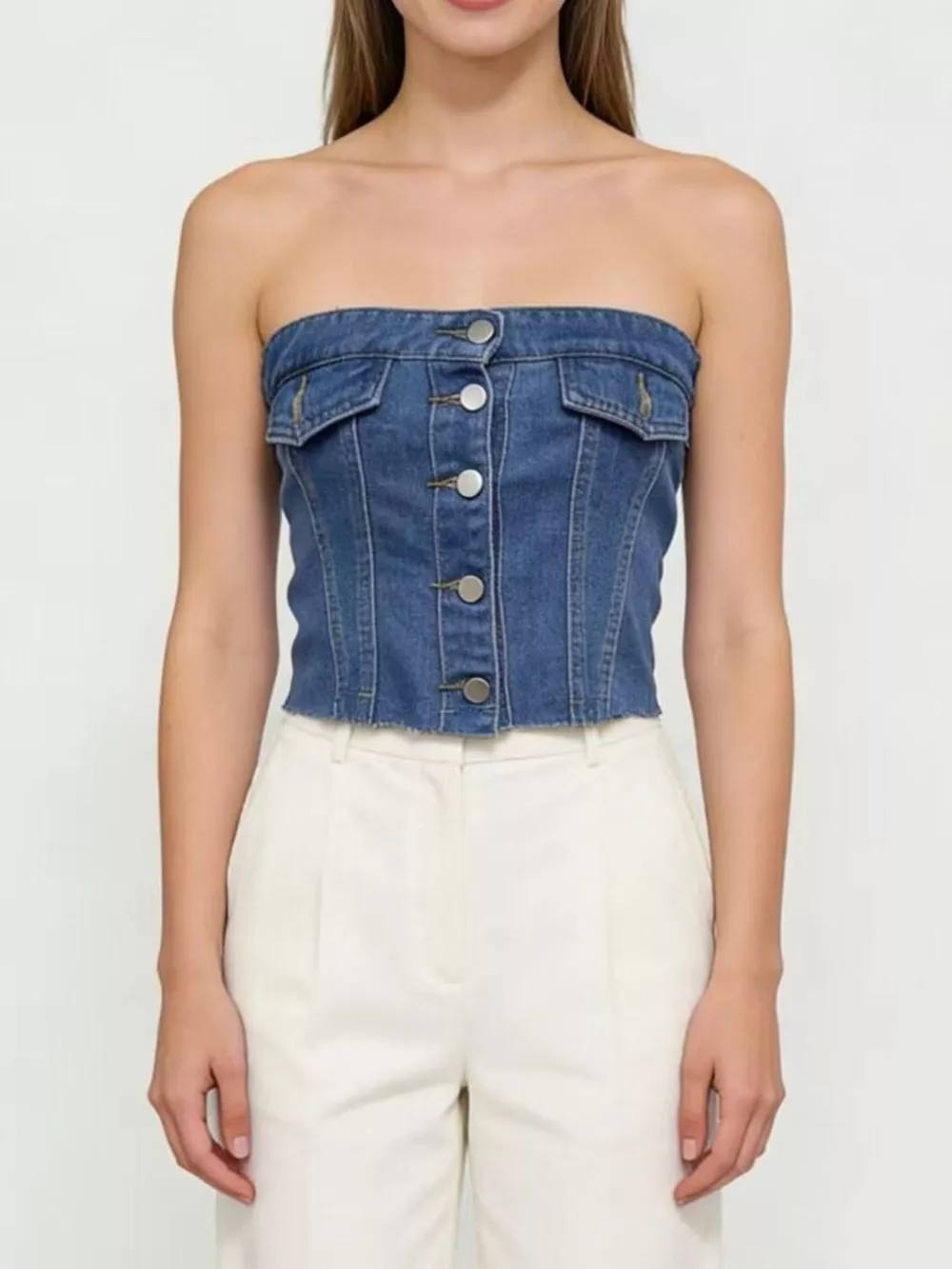 Button Front Denim Tube Top, image 4