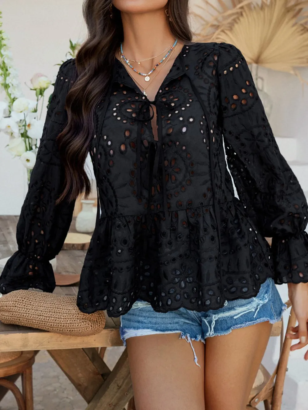 Tie Front Flounce Sleeve Peplum Blouse, image 11