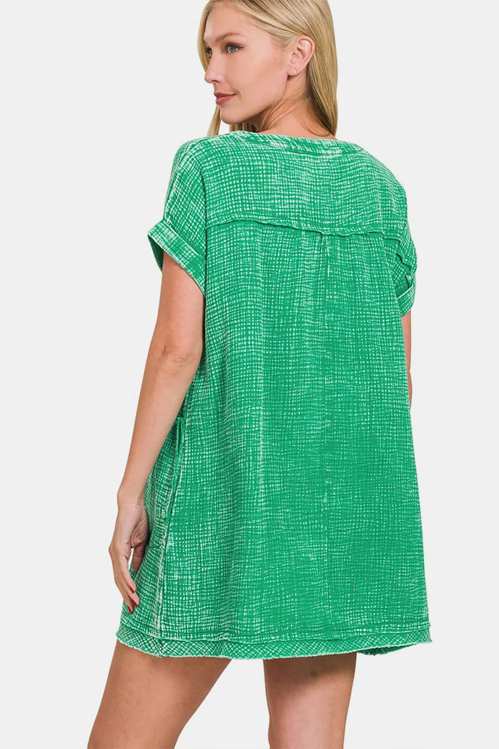 Washed Notched Short Sleeve Mini Dress, image 2