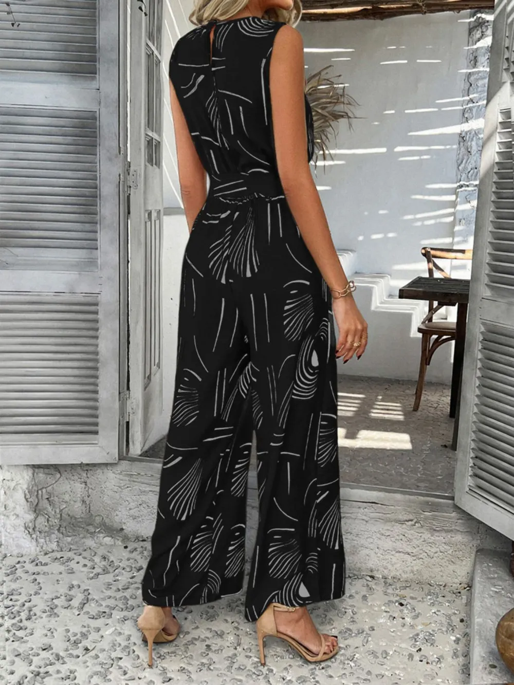 Printed Round Neck Sleeveless Tie Waist Jumpsuit, image 3