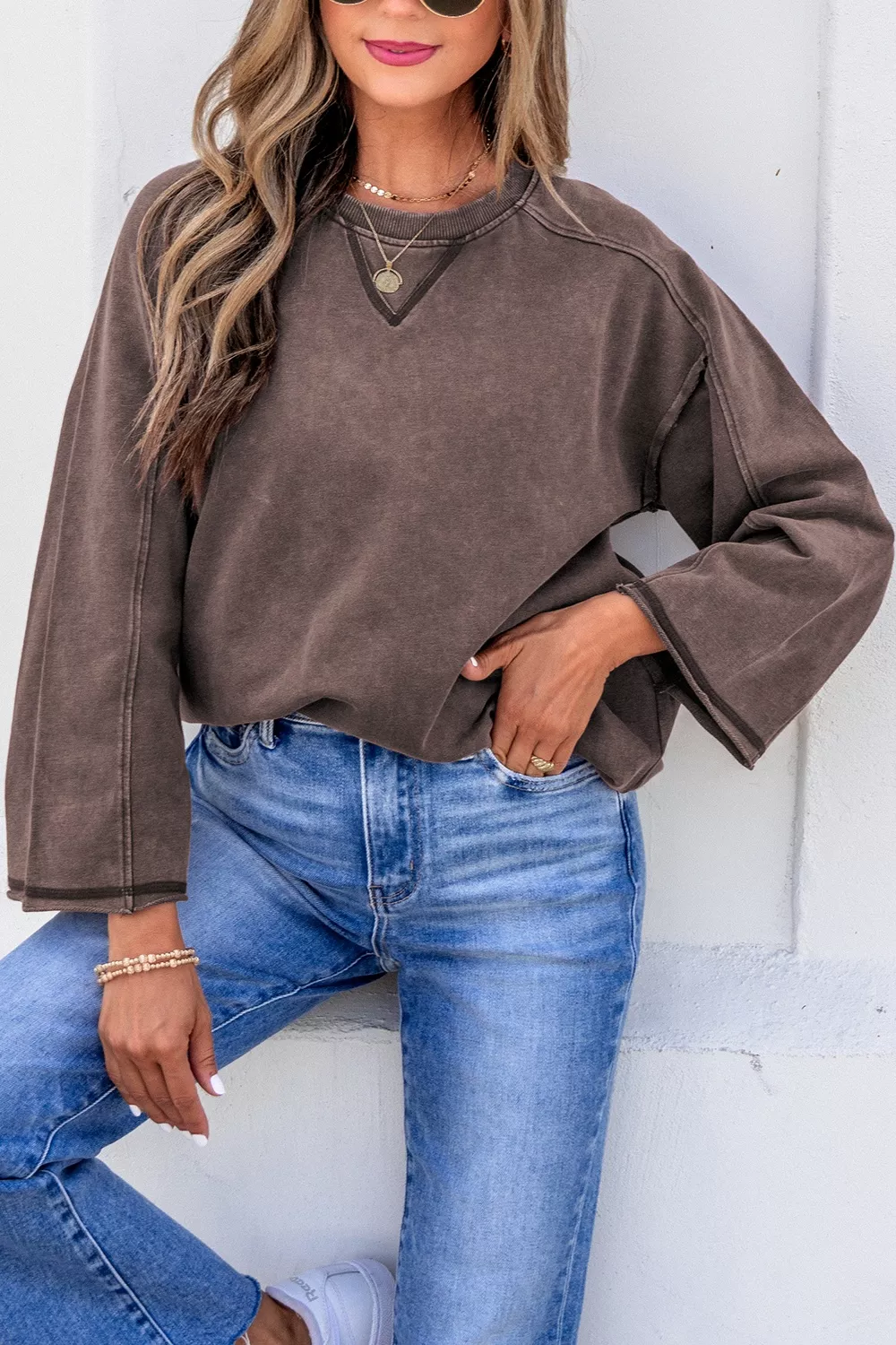 3/4 Sleeve Mineral Wash Loose Cotton Top, image 2