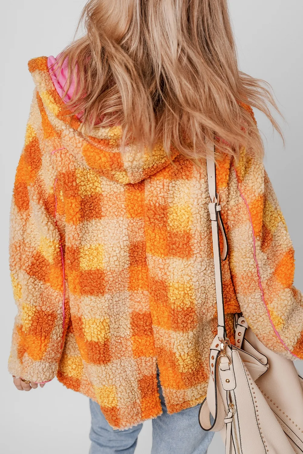 Checkered Long Sleeve Sherpa Hooded Jacket, image 9