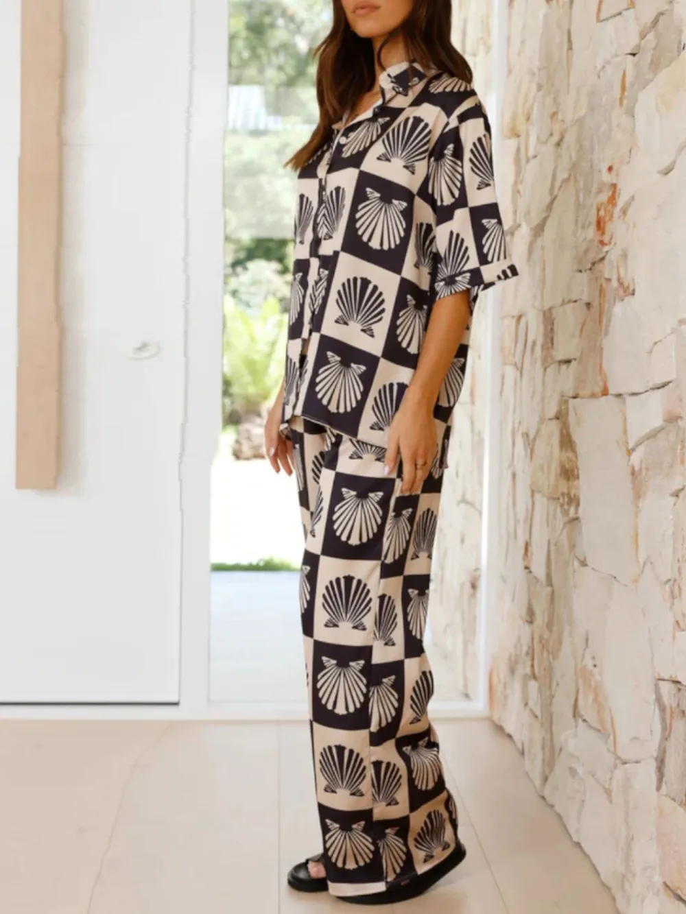 Printed Collared Neck Top and Wide Leg Pants Set, image 6