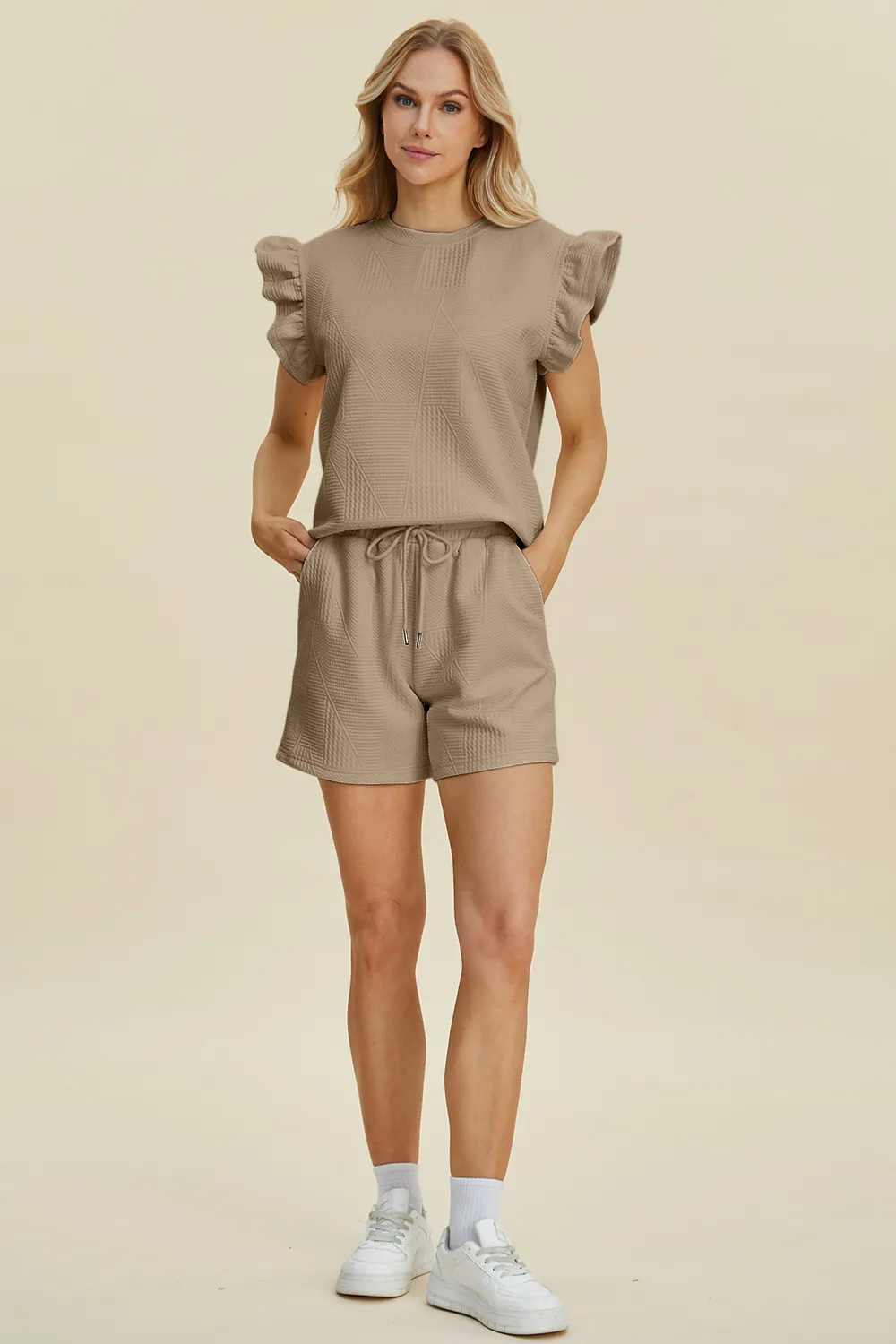 Full Size Texture Round Neck Ruffle Sleeve Top and Shorts Set, image 15