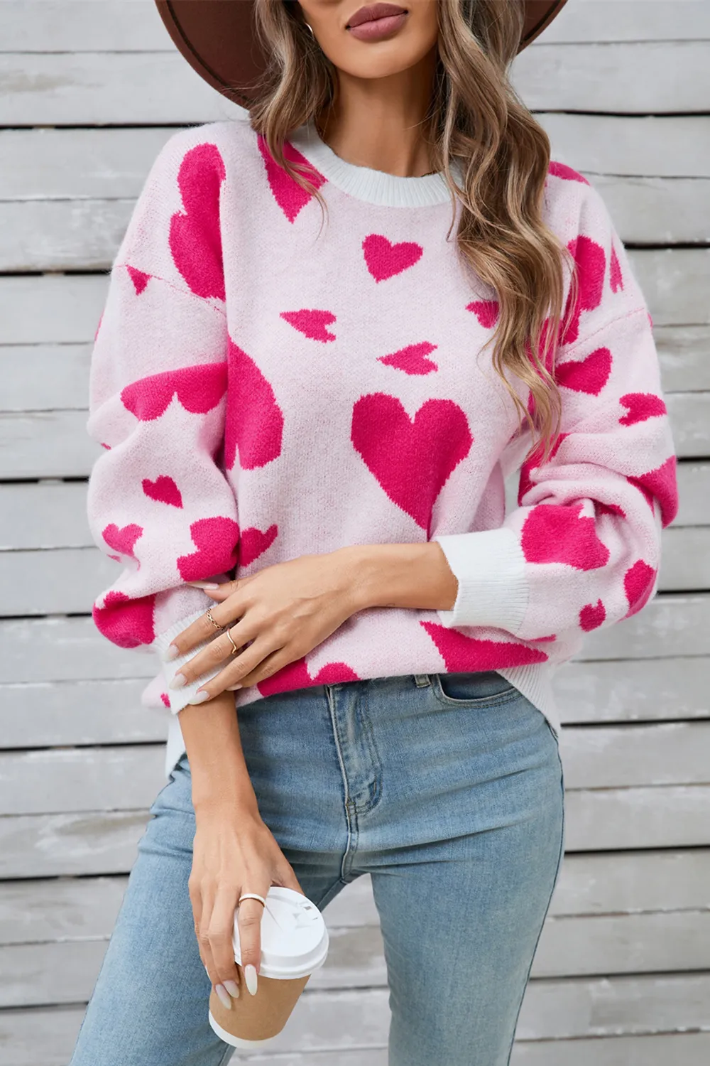 Heart Contrast Round Neck Long Sleeve Sweater, image 6