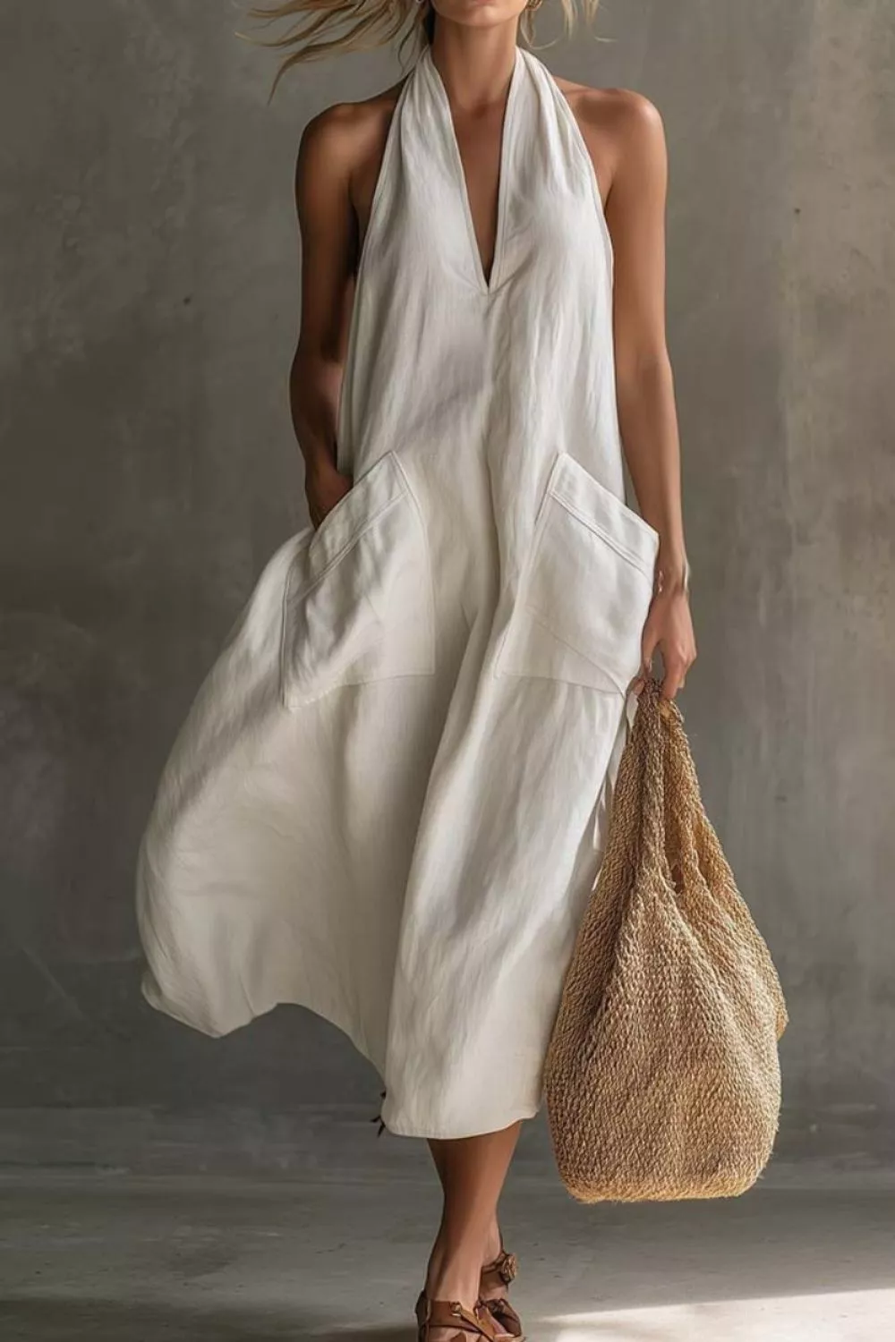 Casual Halter Neck Pocket Midi Dress, image 9