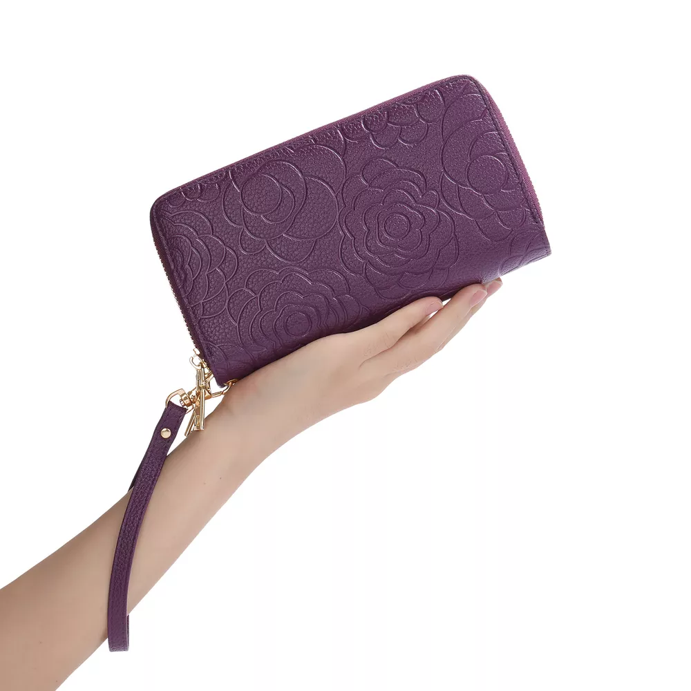 Embossed Floral Pattern Double Zipper Wallet, image 4