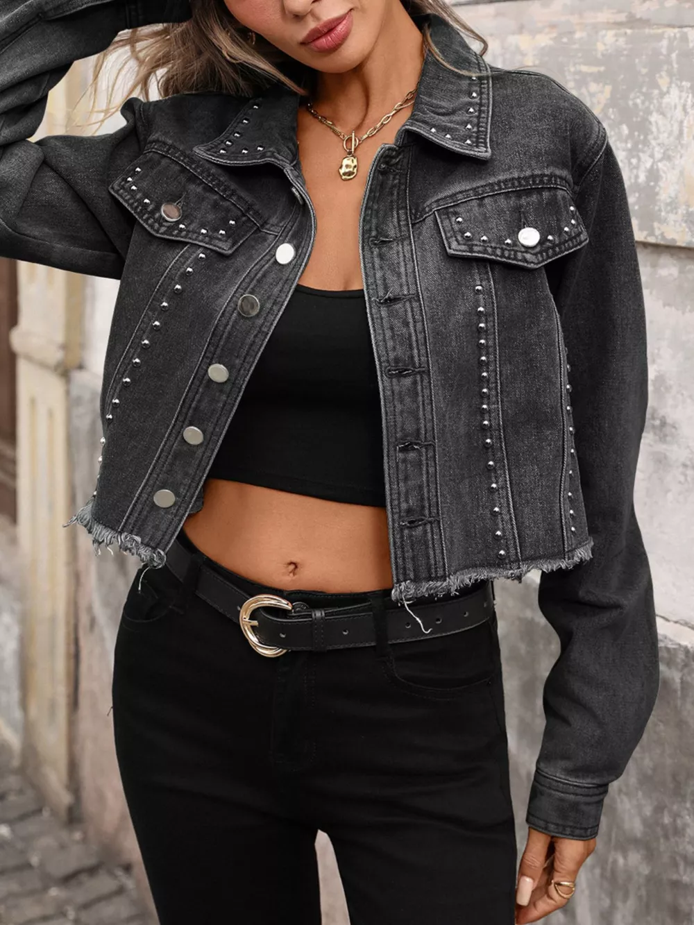 Studded Raw Hem Denim Jacket, image 9