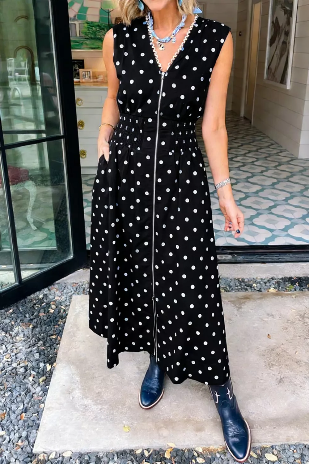 Polka Dot Zipper Front Midi Dress