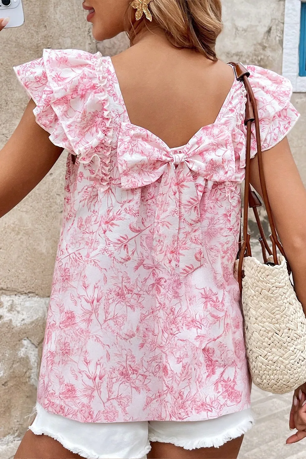 Bow Back Printed Ruffled Cap Sleeve Blouse, image 5
