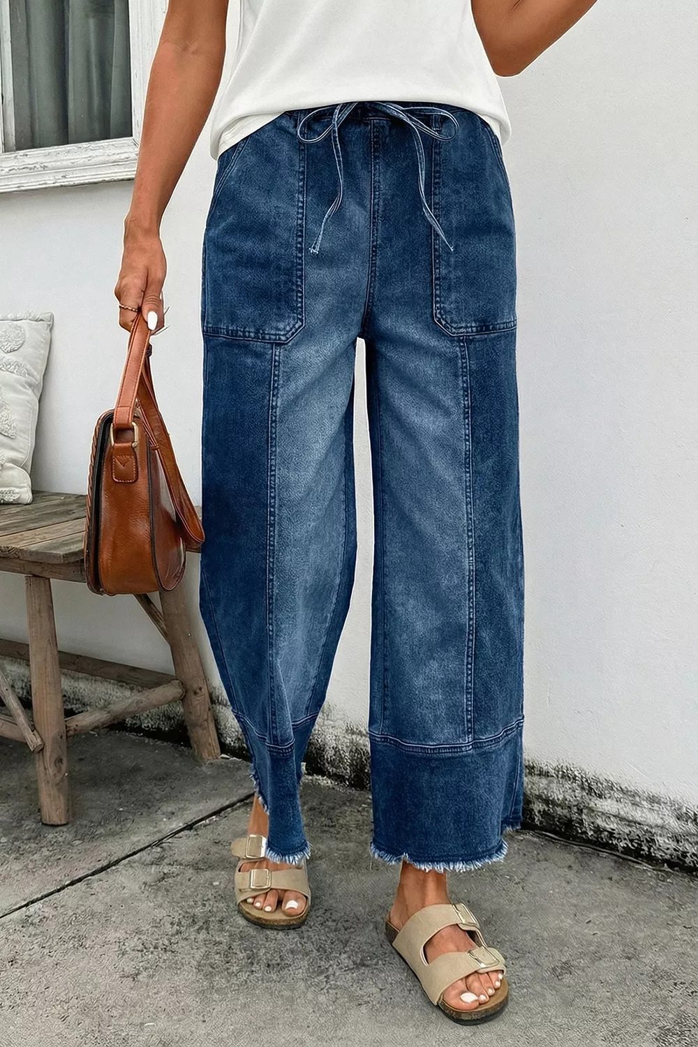 Drawstring Seam Detail Raw Hem Wide Leg Denim Pants, image 7