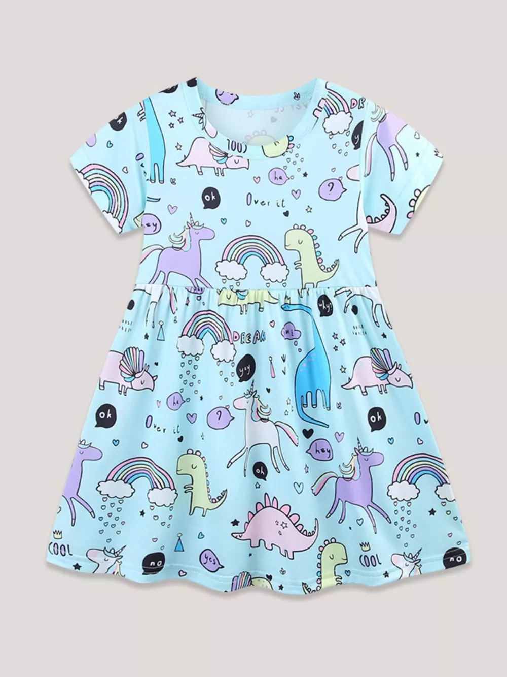 Children's Cute Cartoon Dinosaur & Unicorn Print Casual Dress, image 2