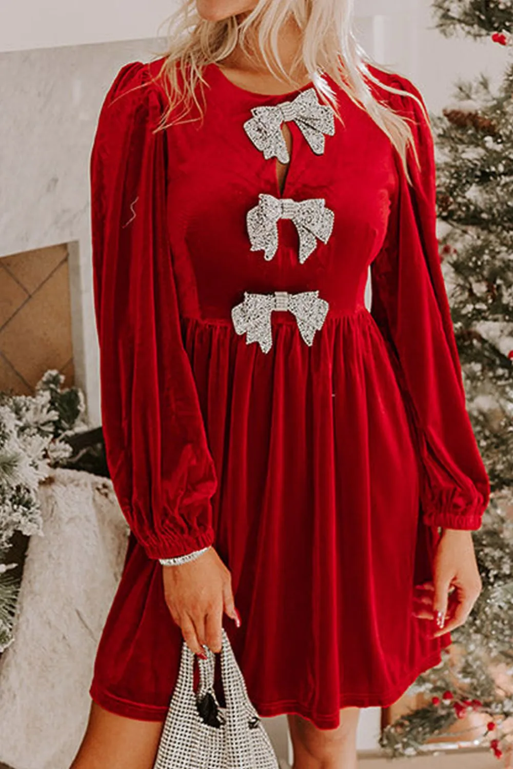 Velvet Bow Front Balloon Sleeve Dress, image 5