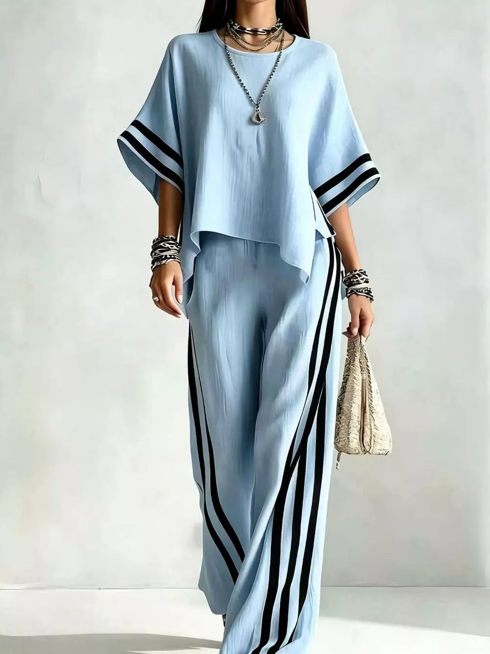 Full Size Striped 3/4 Sleeve Top and Pants Set Plus Size, image 16