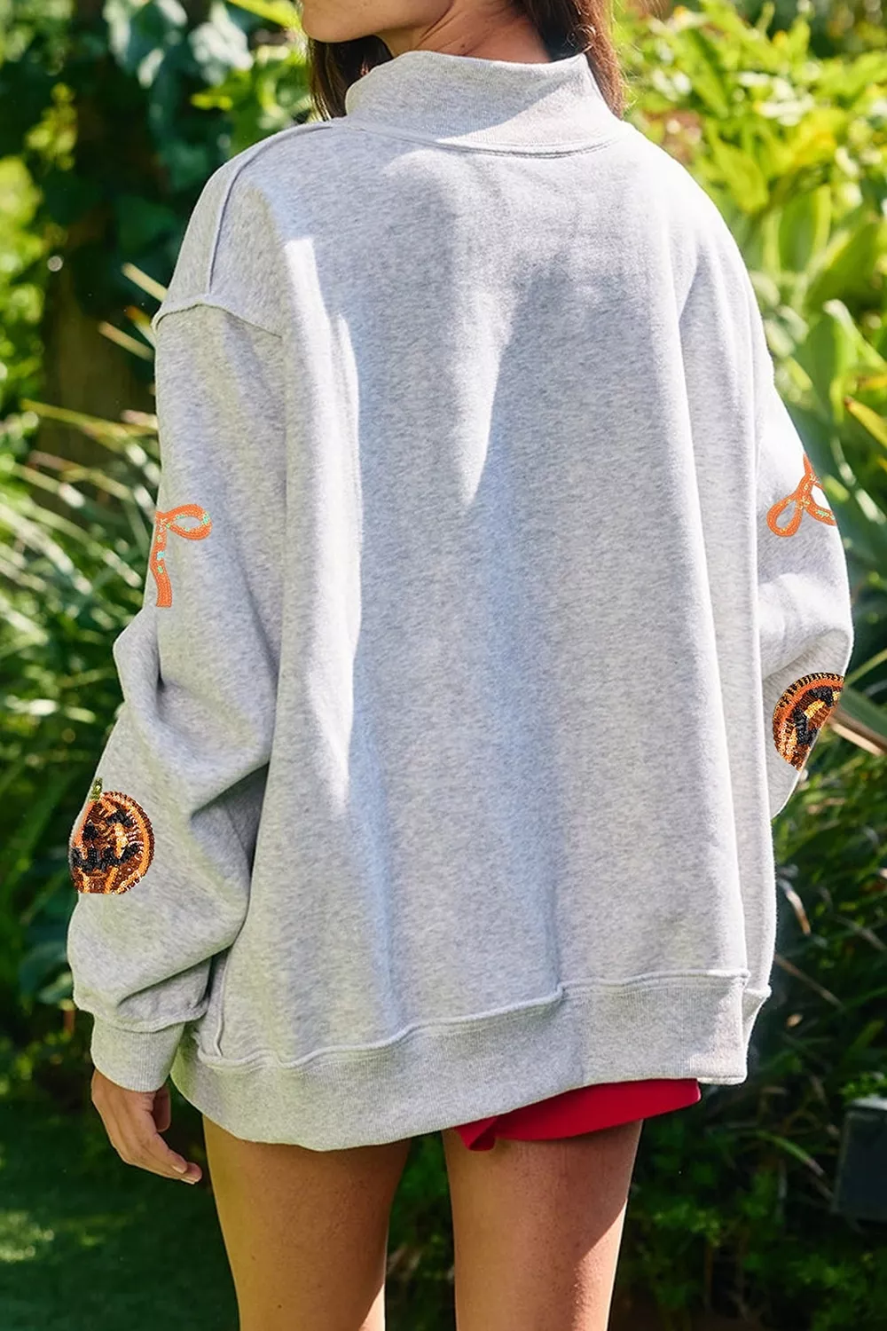 Sequin Pumpkin Face Bow Exposed Seam Halloween Sweatshirt, image 3