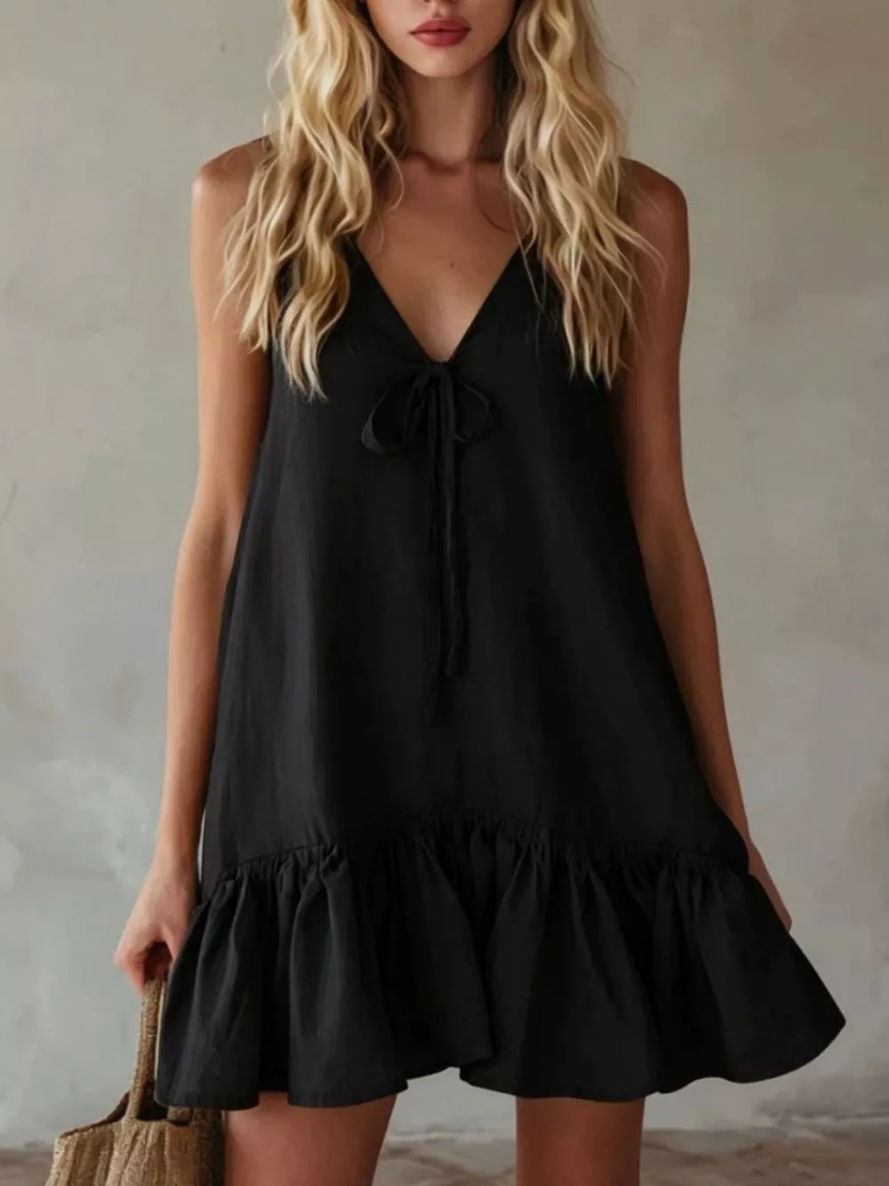 V-Neck Tie Front Ruffle Hem Mini Dress, image 8