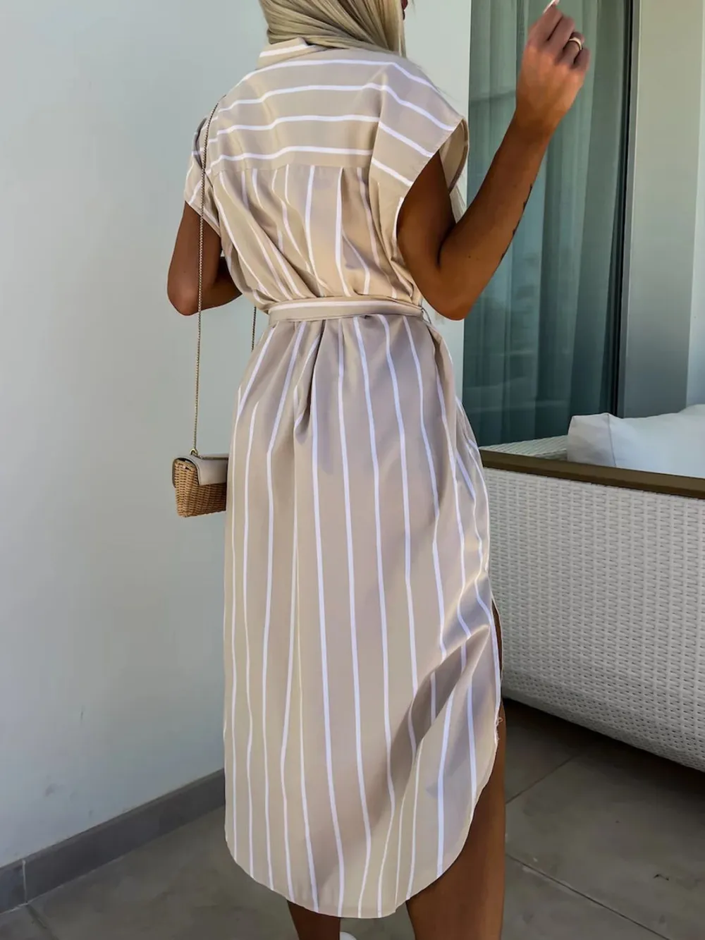 Striped Tie Waist Short Sleeve Dress, image 9