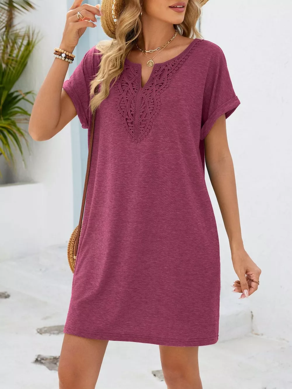 Lace Trim Notched Short Sleeve Dress, image 18