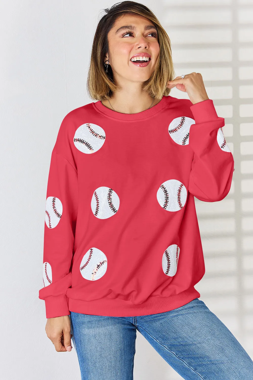 Sequin Baseball Round Neck Dropped Shoulder Sweatshirt, image 10