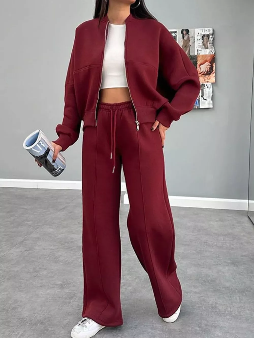 Baseball Collar Zip Up Outerwear and Drawstring Pants Set, image 18