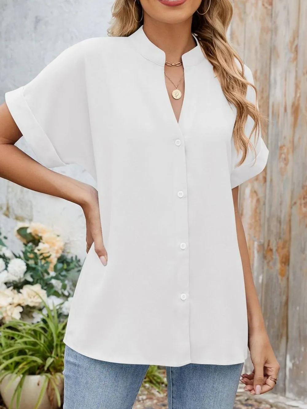 Notched Short Sleeve Blouse, image 22