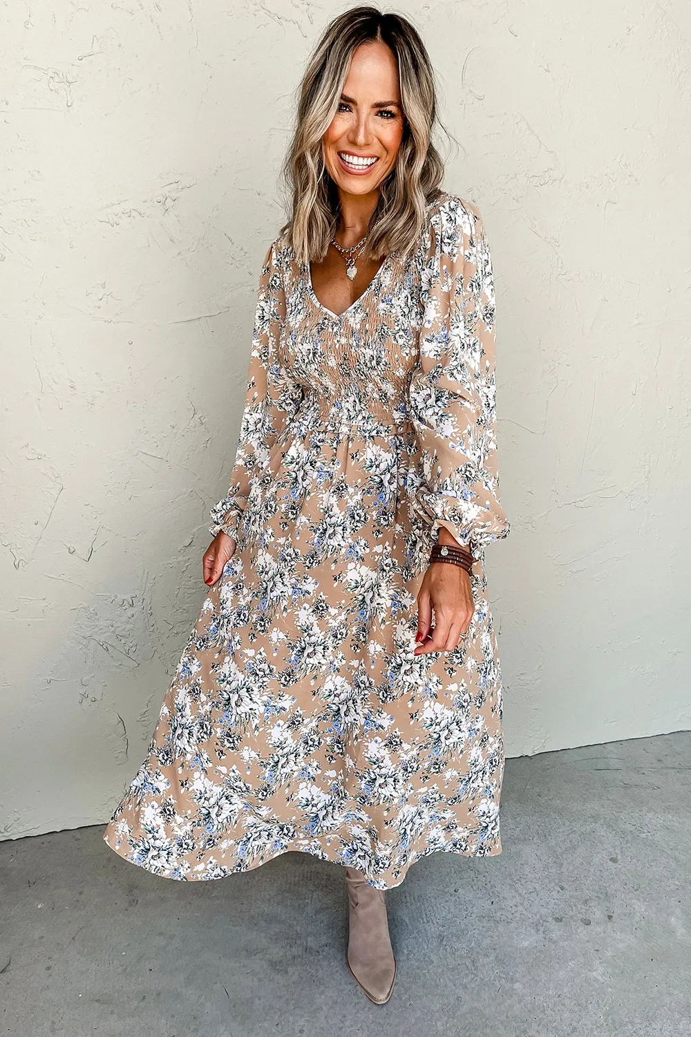 Printed V-Neck Long Sleeve Dress, image 5