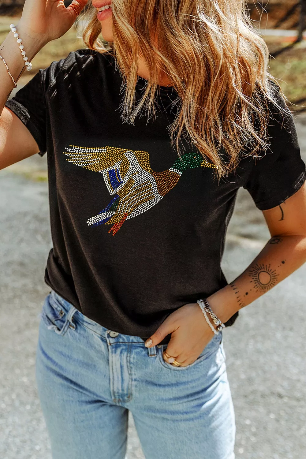 Full Size Rhinestone Flying Mallard Casual Round Neck T Shirt Plus Size