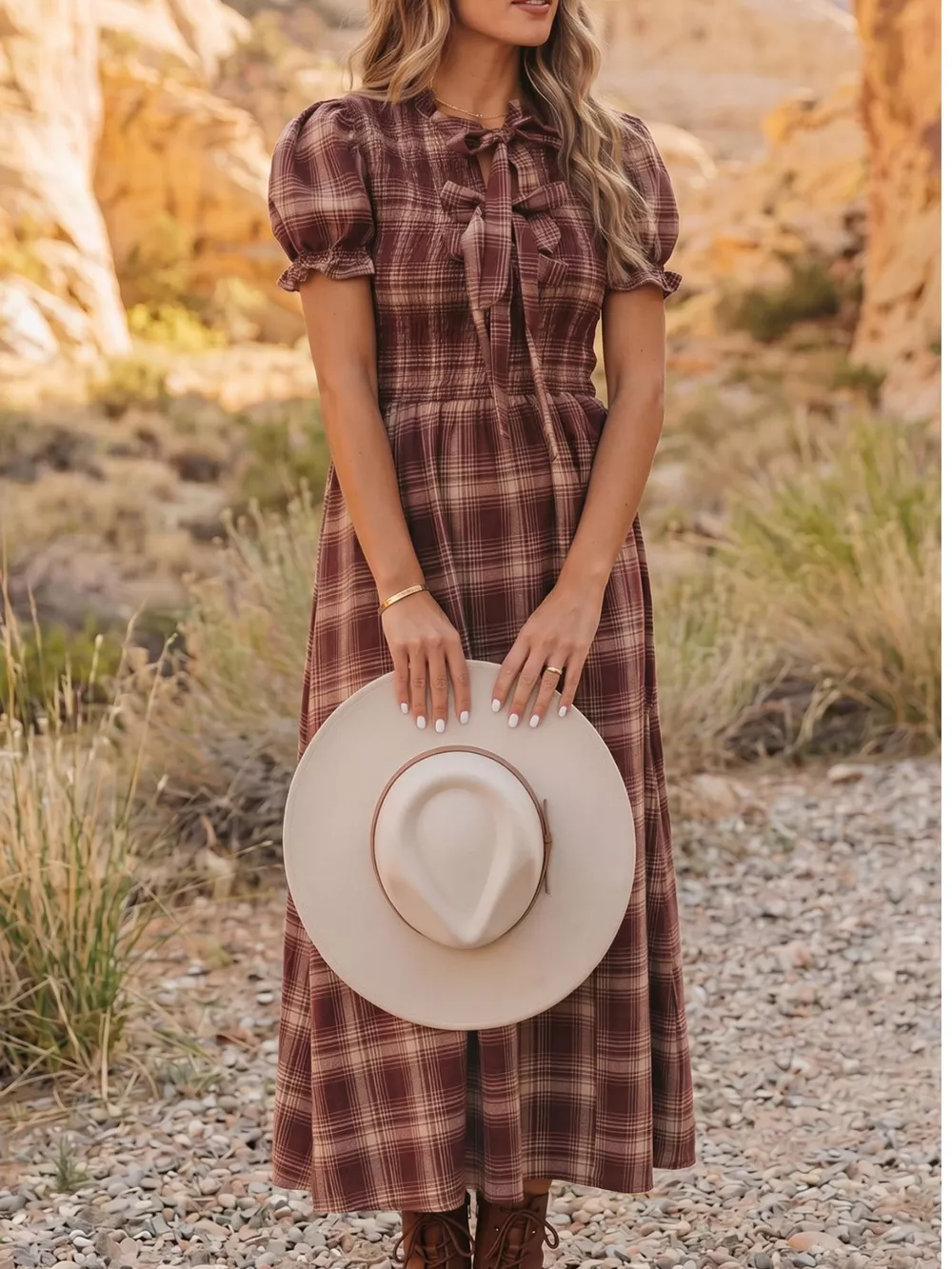 Plaid Knot Front Smocked High Waist Midi Dress, image 2