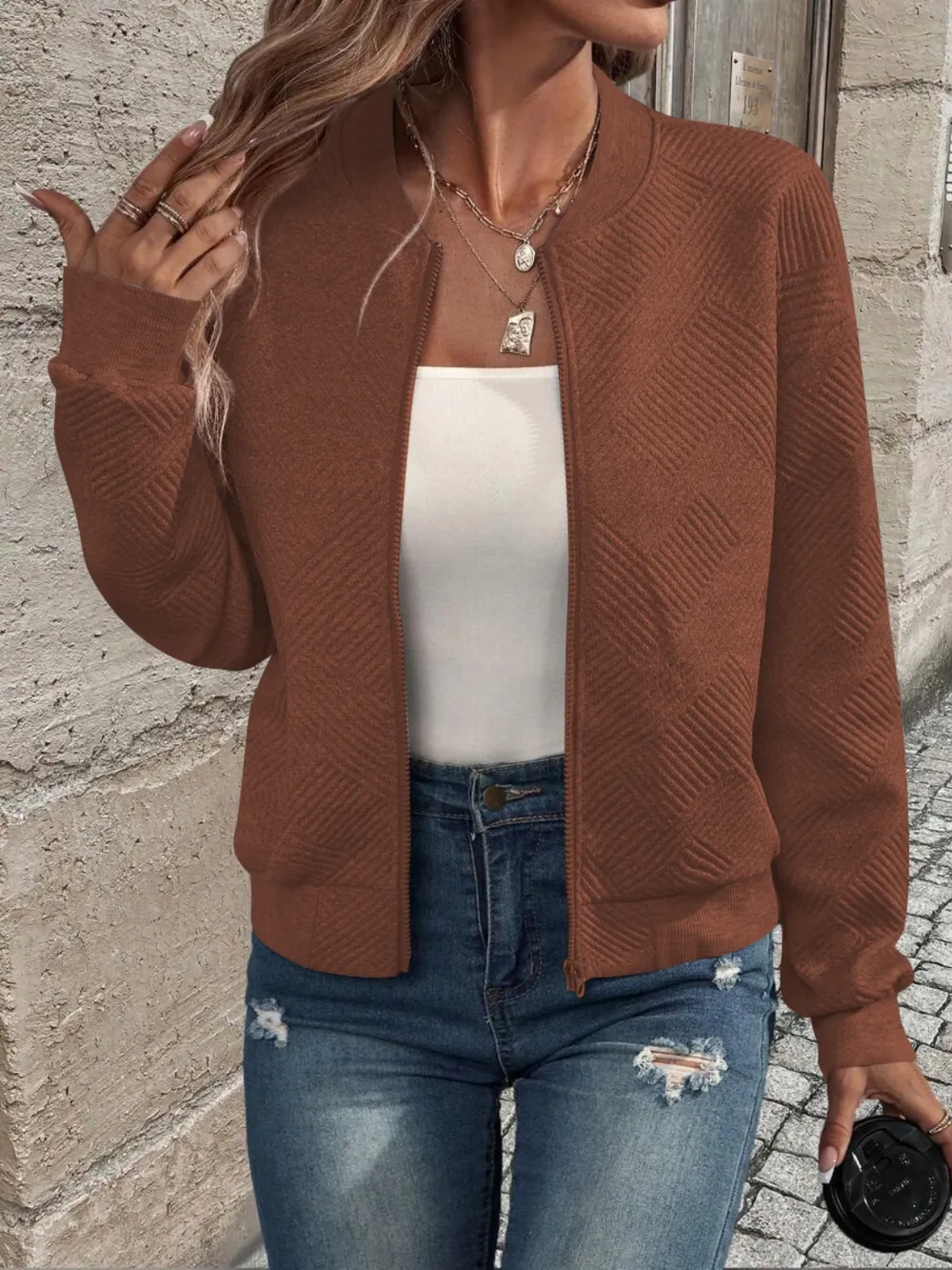 Textured Zip Up Long Sleeve Jacket, image 20