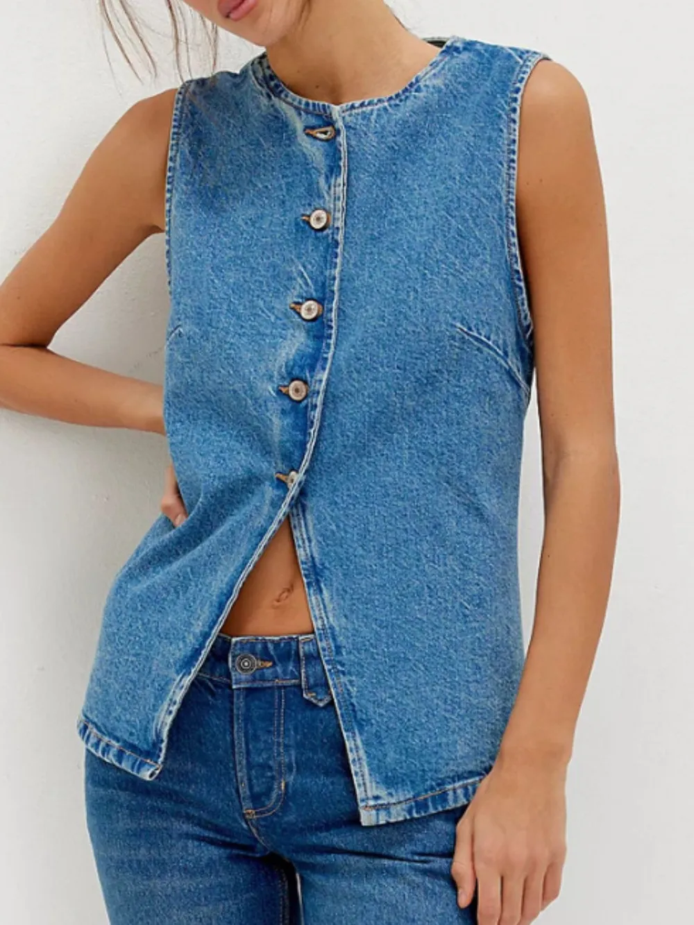 Button Down Round Neck Denim Vest, image 7