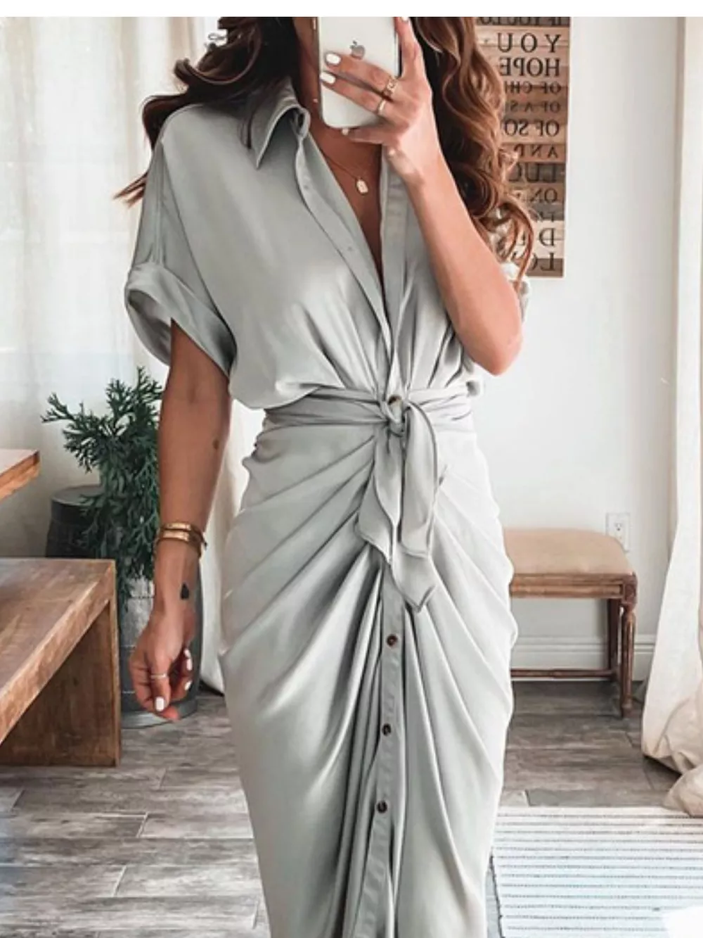 Tie-Waist Button-Down Midi Dress, image 3