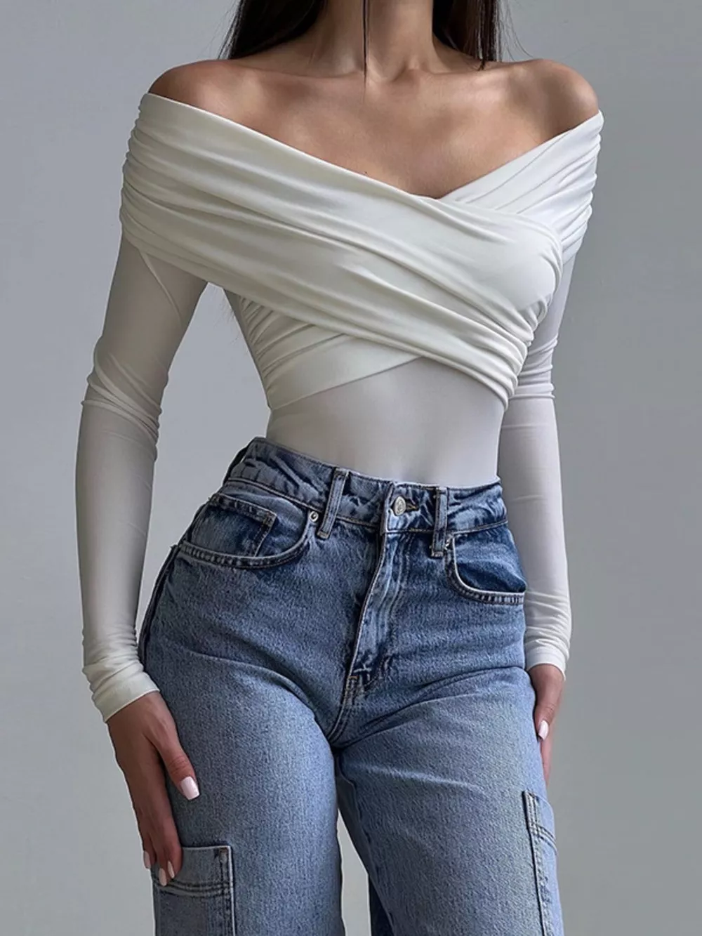 Off-Shoulder Ruched Long Sleeve Bodysuit, image 9