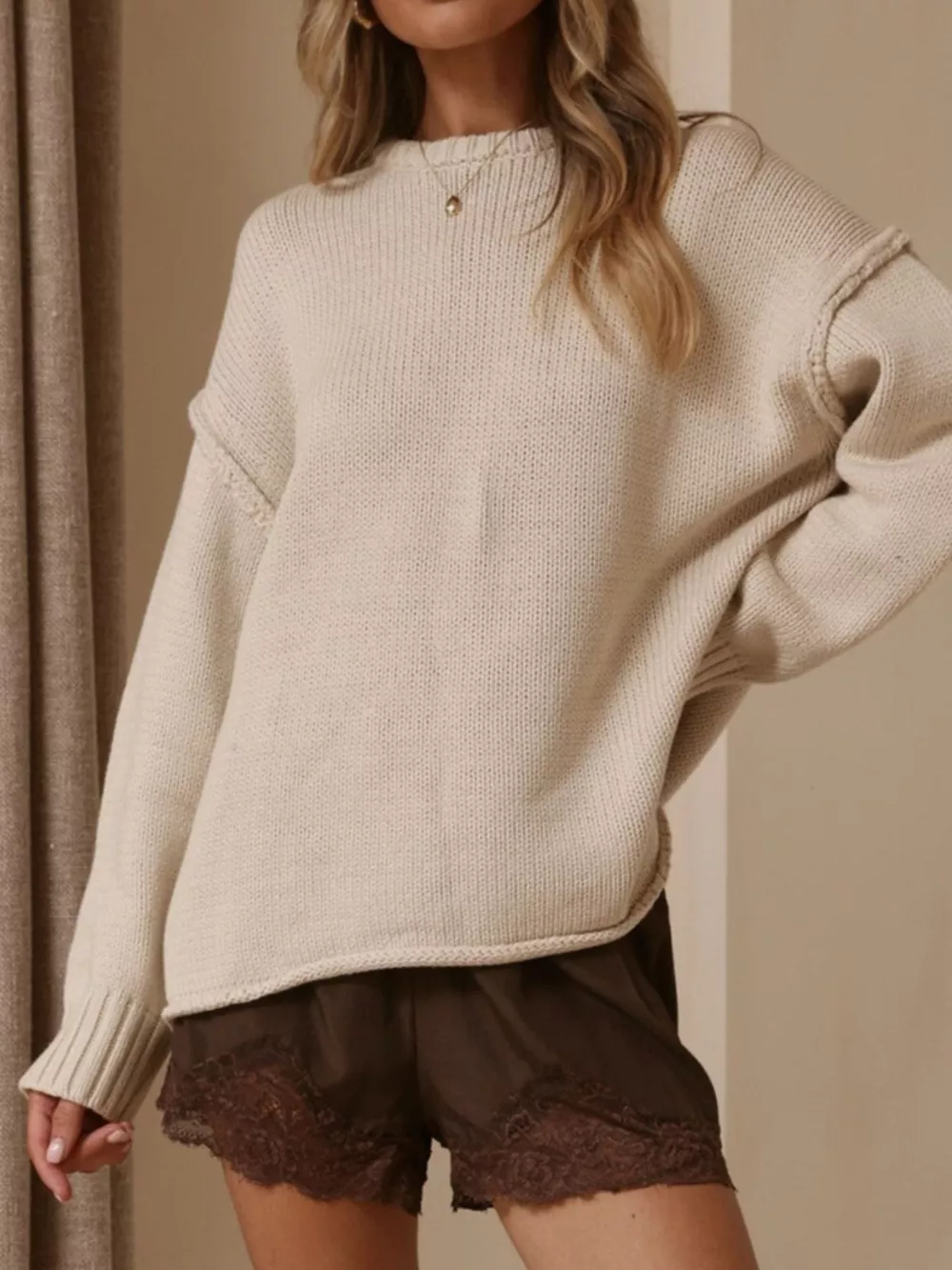 Crew Neck Dropped Shoulder Sweater, image 2