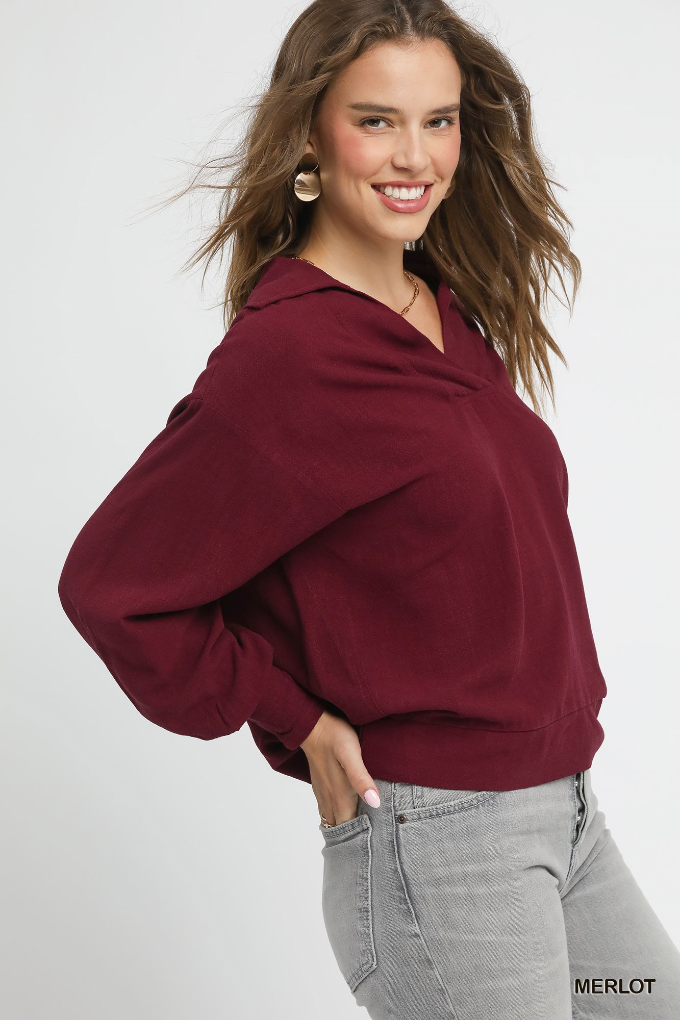 Linen Long Sleeves Elastic Hem Blouse, image 2