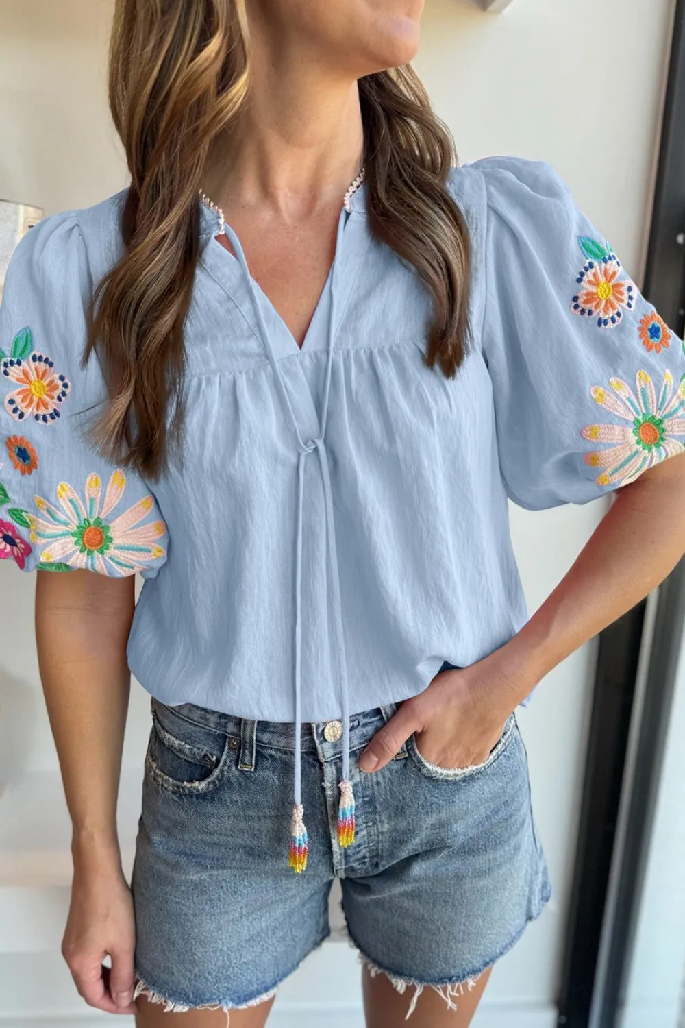 Embroidered Tie Neck Short Sleeve Blouse